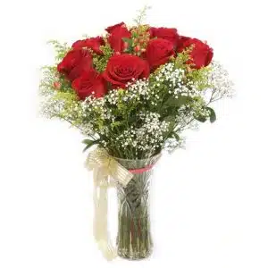 Red Roses With Glass Vase