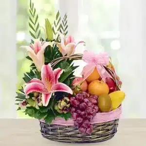Pink Lily & Fruits Basket Arrangement