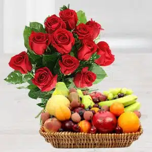 One dozen Red rose and Classic Fruits Basket