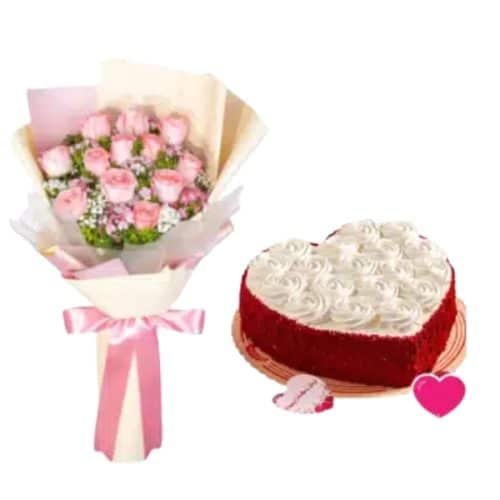 12 Pink Roses w/ Red Velvet Cake