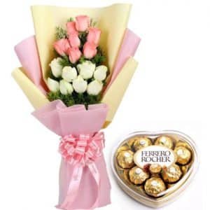 One Dozen Rose Bouquet with ferrero heart