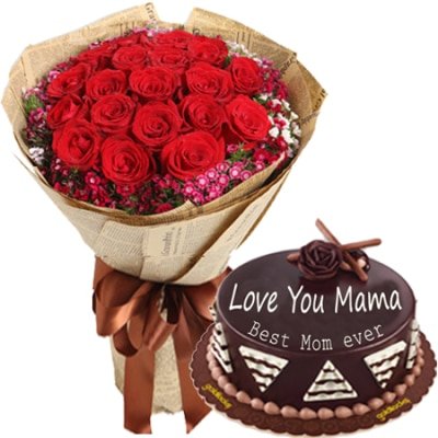 12 Red Roses with All About Chocolate Cake