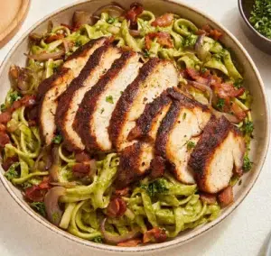 Grilled Chicken Pesto Pasta with Caramelized Onion
