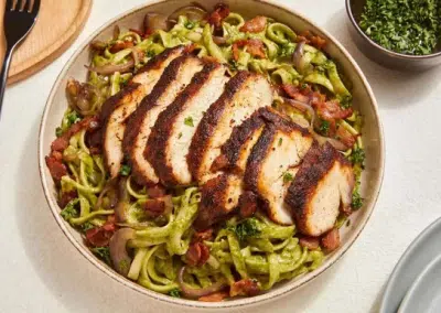 Grilled Chicken Pesto Pasta with Caramelized Onion