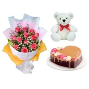 12 Pink Roses Bouquet w/ Goldilocks Valentine Cake and Teddy Bear