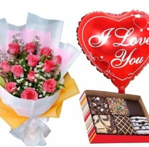 12 Pink Roses w/Fudgy Brownies & Balloon