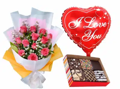12 Pink Roses w/Fudgy Brownies & Balloon