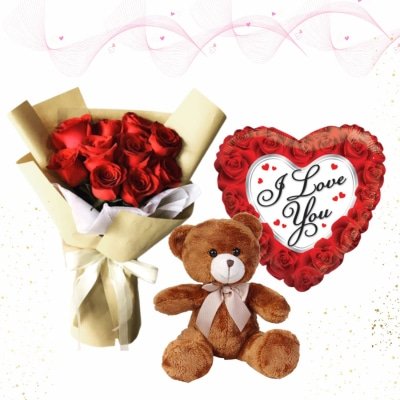 12 Red Rose w/Teddy Bear and Balloon