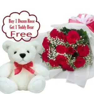 Red Rose Bouquet With Free White Teddy Bear