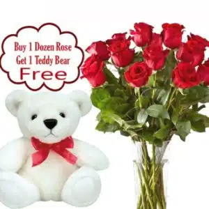 12 Roses in a Vase w/Free White Teddy