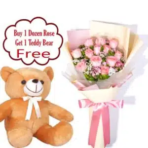 12 Baby Pink Rose Bouquet w/FREE Teddy Bear
