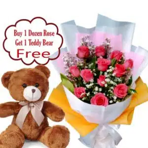 12 Pink Rose Bouquet w/FREE Teddy Bear