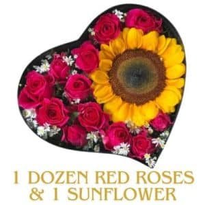 Roses & Sunflower in a Heart Box