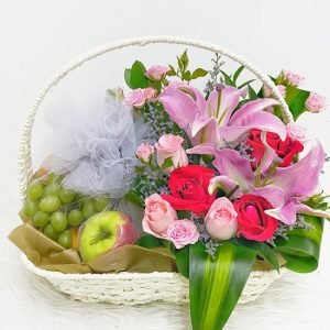 Pink Lilies & Roses With Fruits