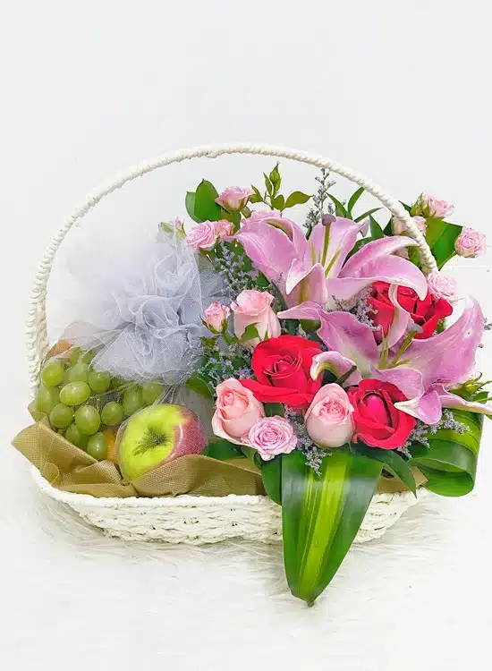 Pink Lilies & Roses With Fruits