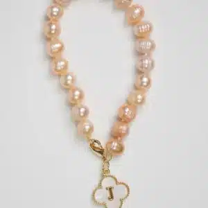 Freshwater Pearl Bracelet with Clover Letter Pendant in Peach