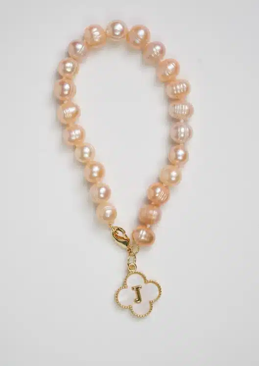 Freshwater Pearl Bracelet with Clover Letter Pendant in Peach