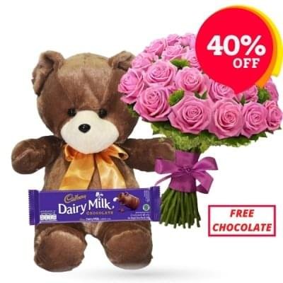Brown Teddy Bear with Pink Rose Bouquet
