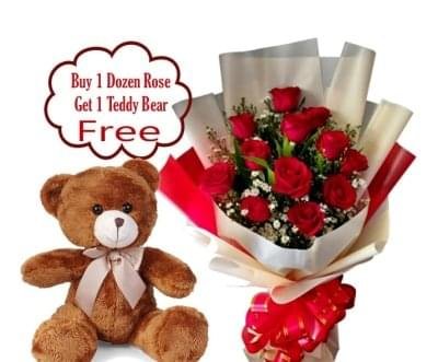 Red Rose Bouquet With Free Teddy Bear