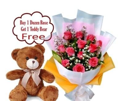 12 Pink Rose Bouquet w/FREE Teddy Bear